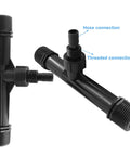 Two Pack 1 Inch Black Venturi Injector Tubes For Irrigation Systems Plastic Fertilizer Injector; hose and threaded connections visible