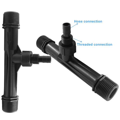 Two Pack 1 Inch Black Venturi Injector Tubes For Irrigation Systems Plastic Fertilizer Injector; hose and threaded connections visible