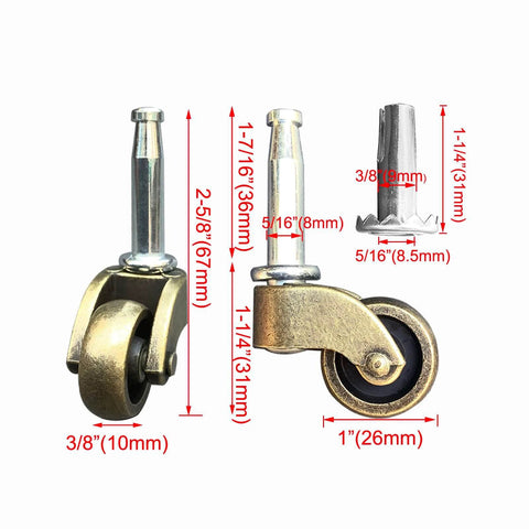 1 Inch Swivel Stem Ball Caster Wheel Zinc Alloy Antique Brass with Socket Mount dimensions shown