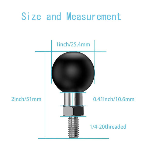 Diagram showing size of 1 Inch Ball Mount Base With 1/4-20 Threaded Bolt Stainless Steel With TPU Coated Ball Compatible With RAM Mounts