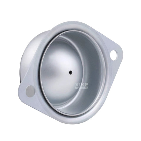 Close-up of XiKe hard chrome steel 1-inch ball transfer bearing with stamped housing for smooth 360-degree rotation.