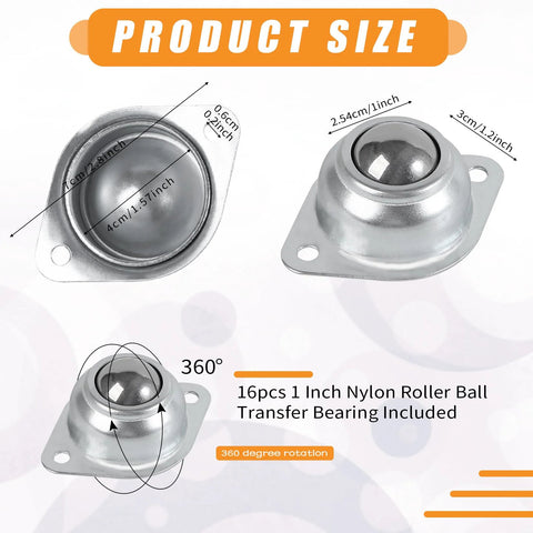 1 Inch Ball Transfer Bearings Set With 16 Pcs 360 Degree Rotation Universal Ball Rollers Carbon Steel Casters for versatile use