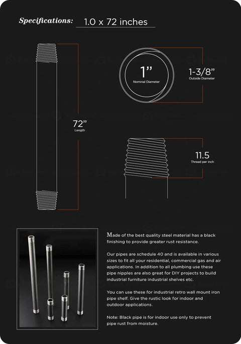 Diagram showing specifications for 1 Inch Black Pipe Kit 5 Pack 72 Inch Length Threaded Malleable Steel Pipes for DIY projects.