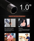 Close-up of 1 Inch Black Pipe Kit 5 Pack 72 Inch Length Threaded Malleable Steel Pipes with installation and project examples.