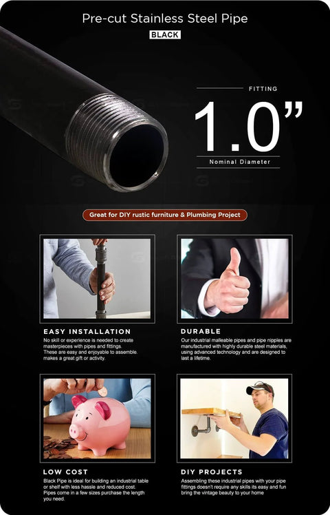 Close-up of 1 Inch Black Pipe Kit 5 Pack 72 Inch Length Threaded Malleable Steel Pipes with installation and project examples.