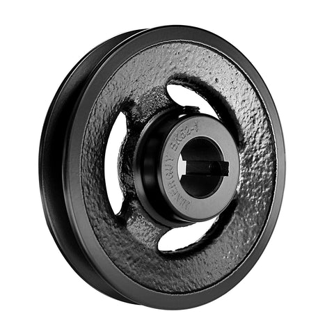 Sturdy 1 Inch Bore V Belt Pulley In Cast Iron, 4.9 Inch Outside Diameter, Single Groove For 4L 5L Or B Belts, Fixed Bore With 2 Hex Set Screws, Epoxy Powder Coated Finish, Fits 1 Inch Shafts And Lightweight DIY Gear Setups
