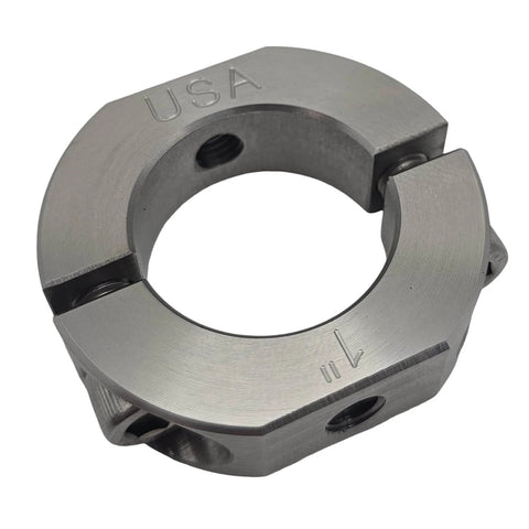1" Bore Mountable Two-Piece Clamping Shaft Collar in 303 Stainless Steel - Made in USA, showcasing strong clamping screws.