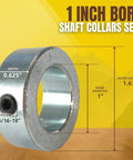 1 inch bore shaft collar set with dimensions 0.625" width, 1" inner diameter, 1.63" outer diameter, and 5/16-18" thread size