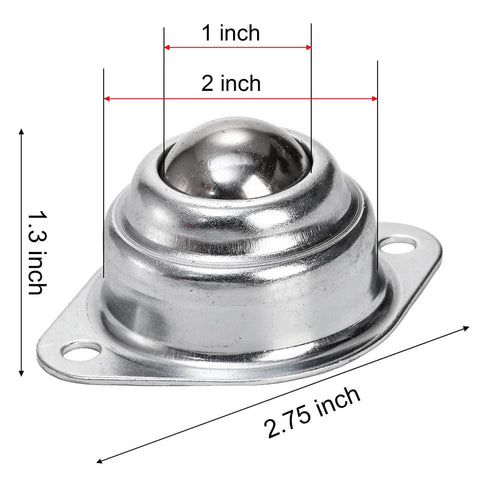 Close-up of a 20 Pack 1 Inch Roller Ball Transfer Bearings Carbon Steel Swivel Casters with measurements indicated