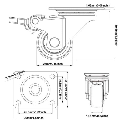 Technical drawing of 1 Inch Small Caster Wheels With Two Brakes And Screws Low Profile Silent Casters Set Of 4 For Cart And Furniture Each Up To 90 Lbs