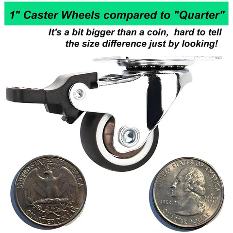 1 Inch Low Profile Caster Wheels Set Of 4 With Two Brakes And Two Non Brake, 100 Lb Capacity, Quiet TPR Rubber Casters comparison with coins