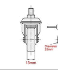 Diagram showing 1 Inch Small Caster Wheels With 2 Brakes And Screws M6x15mm, 90 Lb Capacity, side view with measurements.
