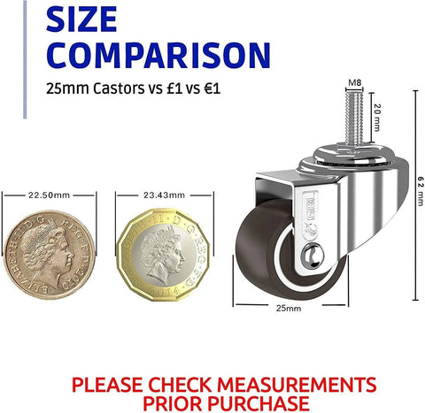 1-Inch Small Caster Wheels With 2 Brakes, Low-Profile Silent Cart Casters, 90 Lb Capacity, M8x20mm Screws Included, Set Of 4, No Floor Marks