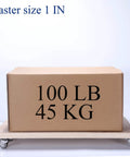 Cardboard box on wooden platform with 1 Inch Heavy Duty Caster Wheels Set of 4 with Brake, labeled 100 LB 45 KG, showcasing weight capacity.