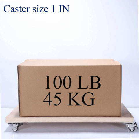 Cardboard box on wooden platform with 1 Inch Heavy Duty Caster Wheels Set of 4 with Brake, labeled 100 LB 45 KG, showcasing weight capacity.