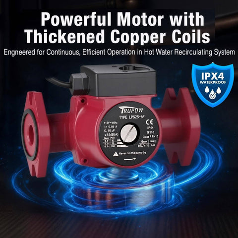 Front view of red 1 Inch Flange Connection Hot Water Circulation Pump For Home Water Heater System With Three Speed 115V High Efficiency Inline Circulator