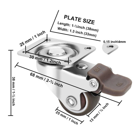 Top view of 1 Inch Heavy Duty Caster Wheels Set of 4 with Brake, showing plate size and locking mechanism for furniture and equipment.