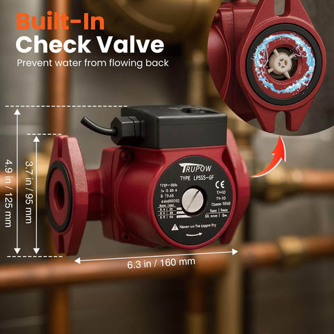 1 Inch Flange Connection Hot Water Circulation Pump For Home Water Heater System With Three Speed 115V High Efficiency Inline Circulator Delivers Up To 17 GPM And 20 Ft Head For Faster Hot Water On Demand, shown installed with built-in check valve.
