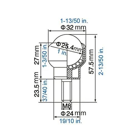 Technical diagram of 1 Inch Ball Transfer Bearings M8 Stud Mounted Carbon Steel Roller Ball Units with dimensions and measurements for conveyors tables casters.