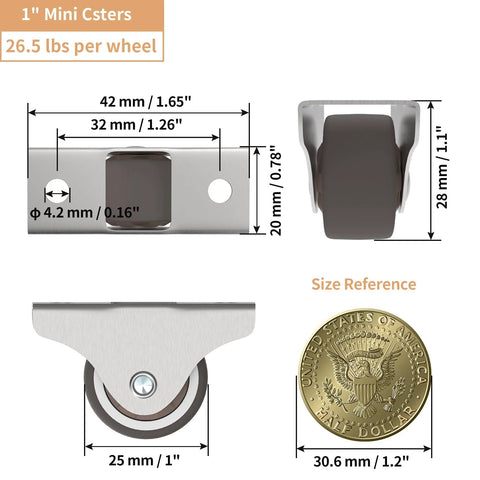 Low Profile 1 Inch Fixed Plate Casters Set Of 4 With Silent TPR Wheels And Steel Top Plate, size reference with coin.