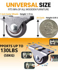 Mini Fixed Casters Set Of 4 With Rubber Wheels And Bearings 130 Lbs Capacity Quiet Smooth Rolling Heavy Duty Steel Frame Easy To Install Perfect For DIY Projects Small Furniture Or Wardrobe Doors shown with size comparison to a quarter and load capacity labeled at 130 lbs.
