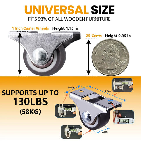 Mini Fixed Casters Set Of 4 With Rubber Wheels And Bearings 130 Lbs Capacity Quiet Smooth Rolling Heavy Duty Steel Frame Easy To Install Perfect For DIY Projects Small Furniture Or Wardrobe Doors shown with size comparison to a quarter and load capacity labeled at 130 lbs.