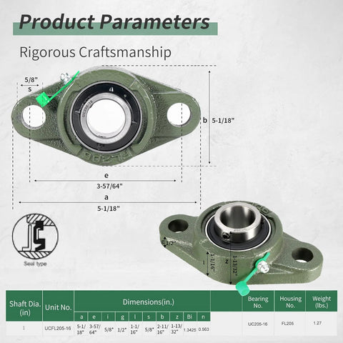 1 Inch Bore Pillow Block Bearing UCFL205-16 Self Aligning Flange Mount With 2 Bolt Flange Cast Iron Housing And Set Screw Locking