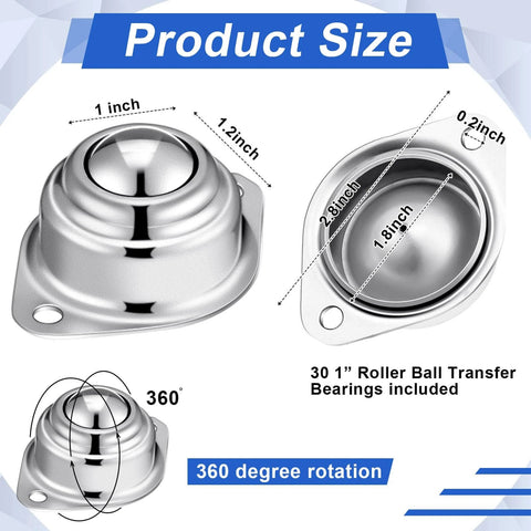 30 Pcs 1" Roller Ball Transfer Bearing 400 Lbs Load Capacity Carbon Steel Round Ball Transfer Unit Universal Casters