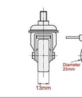 Technical diagram of 1-Inch Small Caster Wheels With 2 Brakes, Low-Profile Silent Cart Casters, 90 Lb Capacity, M8x20mm Screws Included
