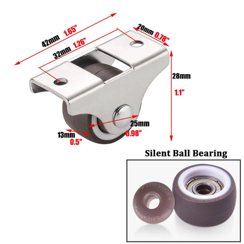 1 Inch Fixed Caster Wheels Set Of 4 With Silent Ball Bearings, Metal Top, TPE Rubber, dimensions marked, includes bearings