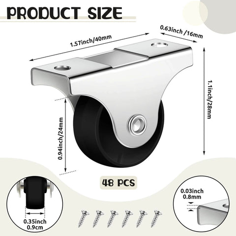 48 Pcs 1 Inch Small Caster Wheels Mini Rigid Fixed Non Swivel Casters with Metal Top Plate PP Plastic Wheels for Furniture