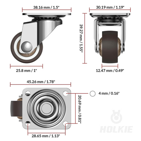 1" Small Caster Wheels for Furniture - Low Profile Casters Set of 4, Total Capacity 90 lbs, Perfect for Nightstand, Side Table, and Small Projects (No Brake) dimensions image