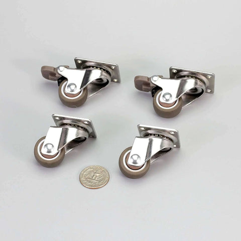 1 Inch Low Profile Swivel Caster Wheels 4 Pack with soft rubber, showing 360 degree top plate and locking mechanism next to a coin for scale.