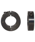 Front and side view of Single Split Clamp-On Shaft Collar of Metal Material 1 inch Bore Set Screw with black oxide coating.