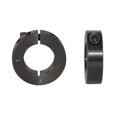 Front and side view of Single Split Clamp-On Shaft Collar of Metal Material 1 inch Bore Set Screw with black oxide coating.