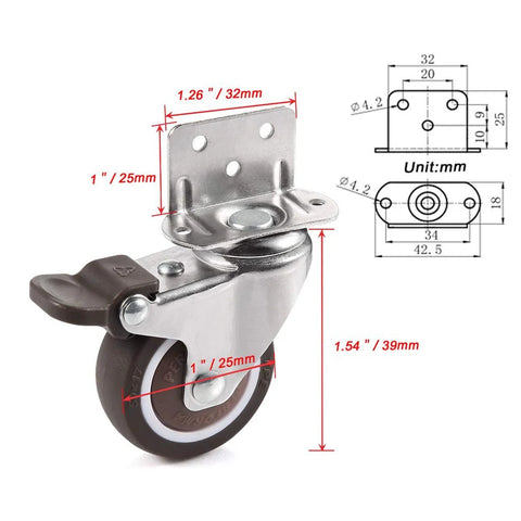 1 Inch Swivel Plate Caster With Brake In Low Profile L Bracket Silent TPE Wheel Replacement For Crib Table Shelf And TV Stand, diagram view