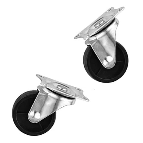 Two 1-inch swivel caster wheels with top plates, quiet rubber base, metal and rubber, for carts and trolleys on all floor types.