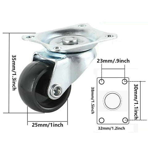 8 Pack 1 Inch Swivel Caster Wheels With Top Plate And Bearing, Quiet Rubber Base Casters, shown with dimensions.
