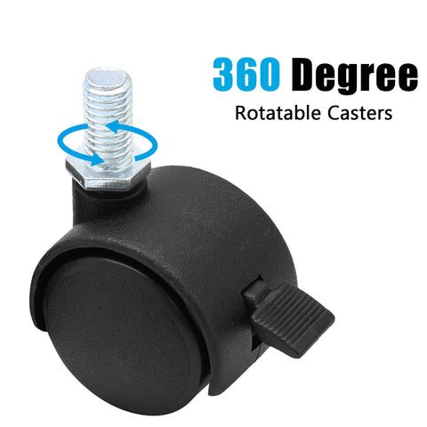 Close-up of 1 Inch Swivel Caster Wheel with brake and M8 threaded stem, black nylon, for furniture, 360-degree rotation.