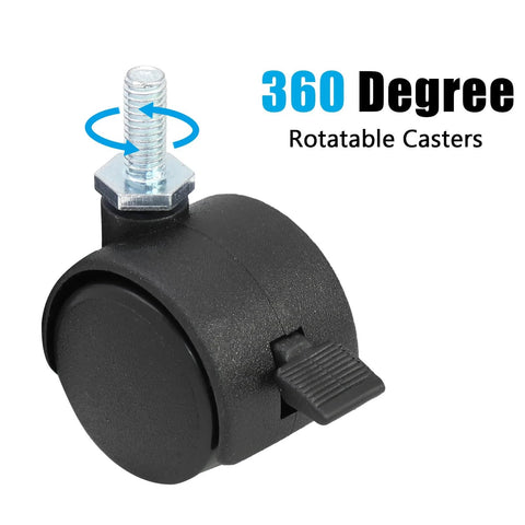 Single black nylon swivel caster wheel with brake, M6 threaded stem fits furniture, image text shows 360-degree rotation.