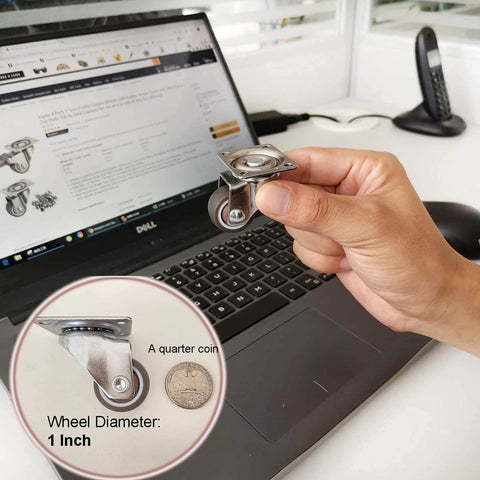 Person holding 1 Inch Low Profile Swivel Caster Wheels 4 Pack, Soft Rubber Casters with 360 Degree Top Plate over laptop screen