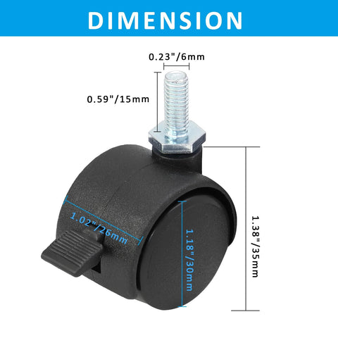 Close-up of 4pcs 1 Inch Swivel Caster Wheels with M6 Threaded Stem and Brake, dimensions labeled, for furniture and racks.