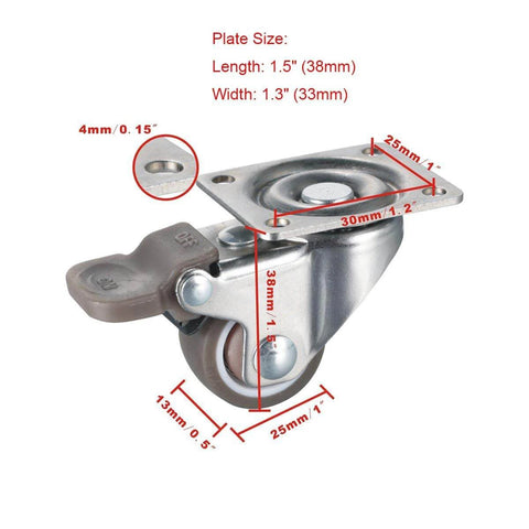 Close-up of 1 Inch Low Profile Swivel Caster Wheels 4 Pack, soft rubber caster with 360 degree top plate and locking mechanism.