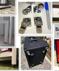 Collage of furniture and storage setups with 1 Inch Low Profile Swivel Caster Wheels 4 Pack, Soft Rubber Casters with 360 Degree Top Plate.