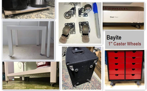 Collage of furniture and storage setups with 1 Inch Low Profile Swivel Caster Wheels 4 Pack, Soft Rubber Casters with 360 Degree Top Plate.