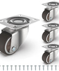 1 Inch Swivel Plate Casters With Low Profile TPR Silent Wheels For Furniture Mounting On Wooden Side Tables Shelving Units And Plant Stands 1.5 Inch Overall Height Top Plate 1.5 By 1 Inches Pack Of 4 close-up image with screws included.