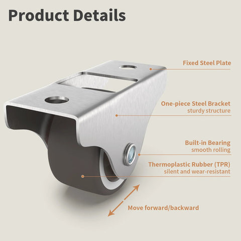 Low Profile 1 Inch Fixed Plate Casters Set Of 4 With Silent TPR Wheels And Steel Top Plate, side view showing steel bracket.