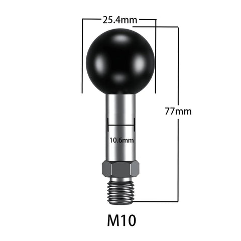 1 Inch TPU Ball Mount With M10 1.5 Millimeter Threaded Post, Stainless Steel, Dimensions Shown For RAM Mounts