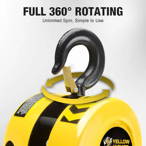 Close-up of 1 Ton Hand Chain Hoist Chain Block with 2 Heavy Duty Hooks, 360° rotating hook detail, 10 ft lift, 2200 lbs capacity.
