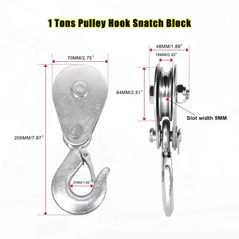 Pulley Hook (1Tons/2,200 LBS) Snatch Block with Hook showing front and side view, steel construction, for 3/8 inch cable